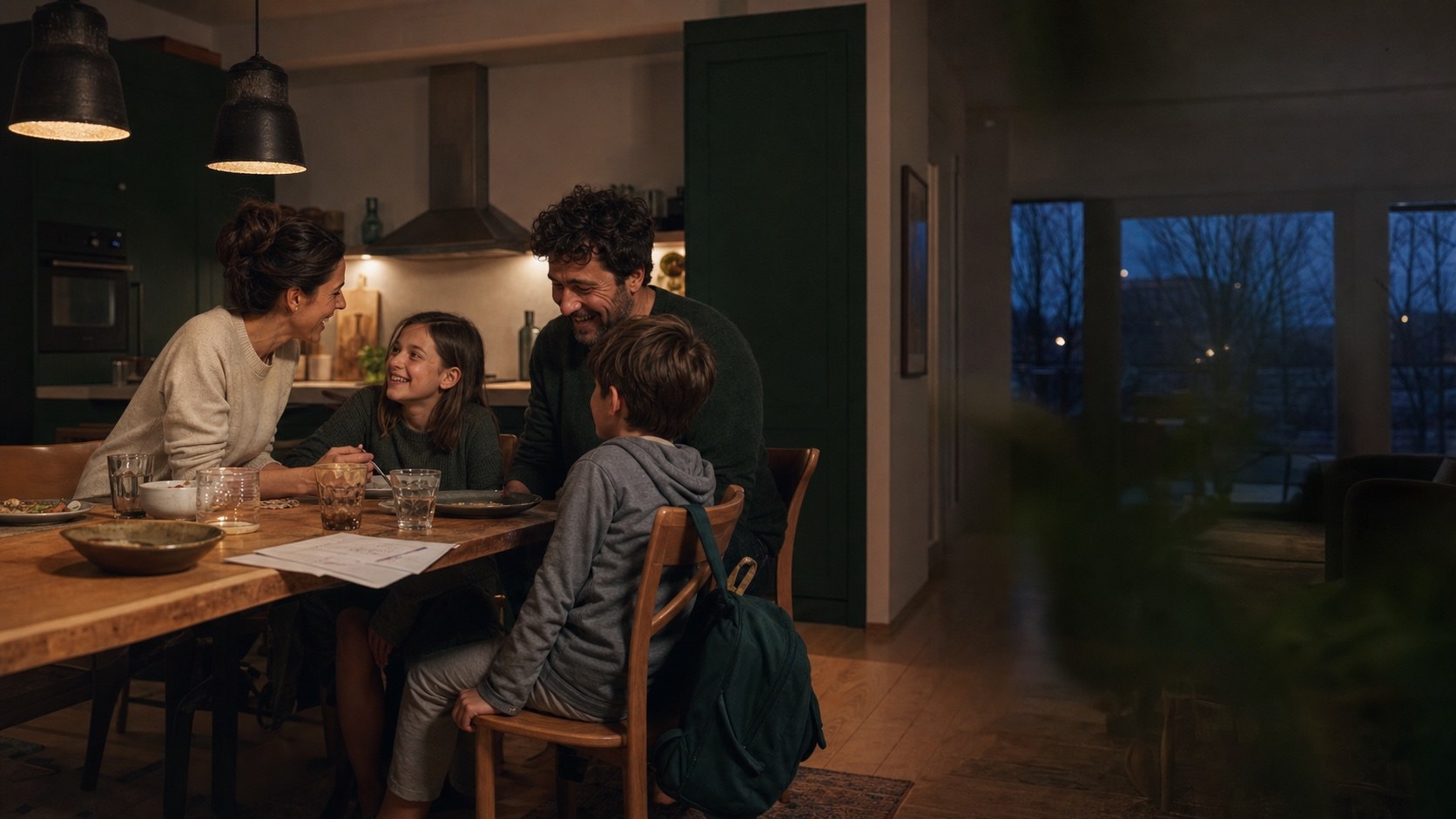 A family present together at dinner after Casa has quietly connected the day