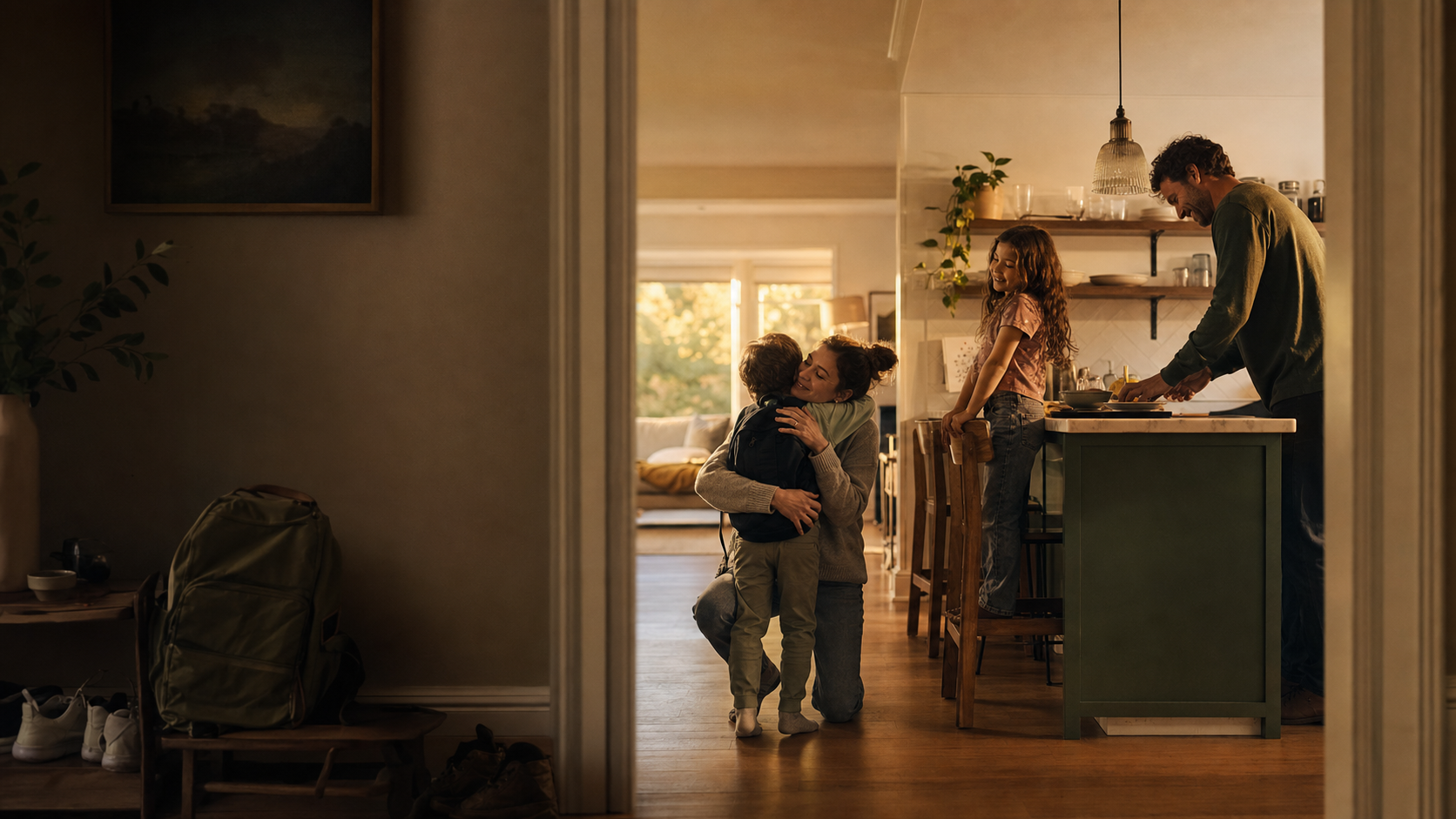 A family reconnecting at home while everyday life continues around them